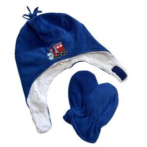 SimpliKids Fleece Sherpa Lined Train Kids Winter Hat & Mittens Set 5-7 Years New